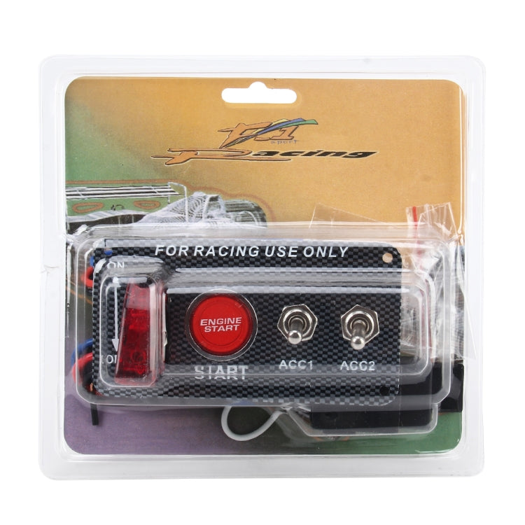 Ignition switch panel in retail blister pack with carbon fiber face and red engine start button
