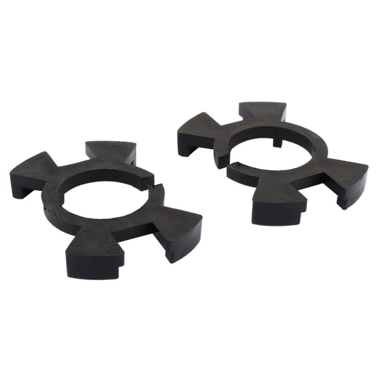 Pair of black headlight bulb retainer adapters, circular ring with four snap tabs
