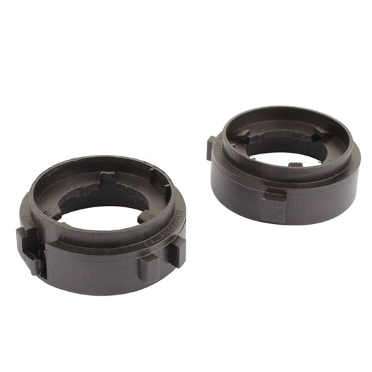 Pair of black H7 LED headlight bulb retainer rings with mounting tabs