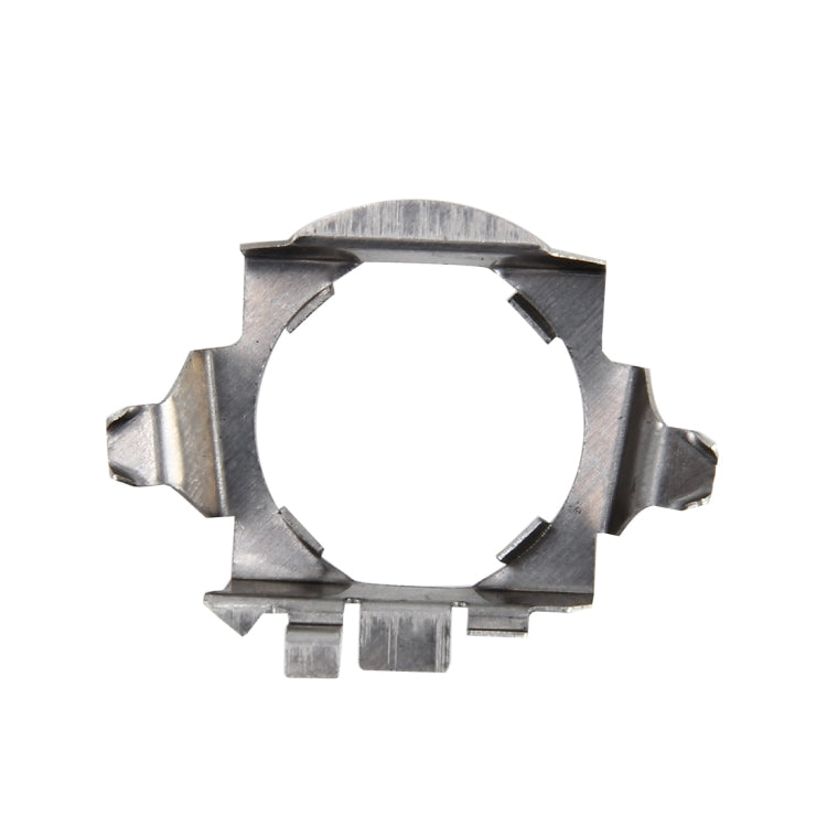 Metal LED headlight bulb retainer with circular mounting ring and tabs