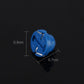 Blue T4.7 wedge LED bulb with metal leads, shown with compact size markings