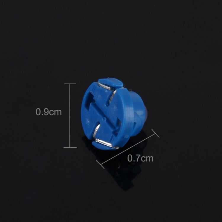 Blue T4.7 wedge LED bulb with metal leads, shown with compact size markings