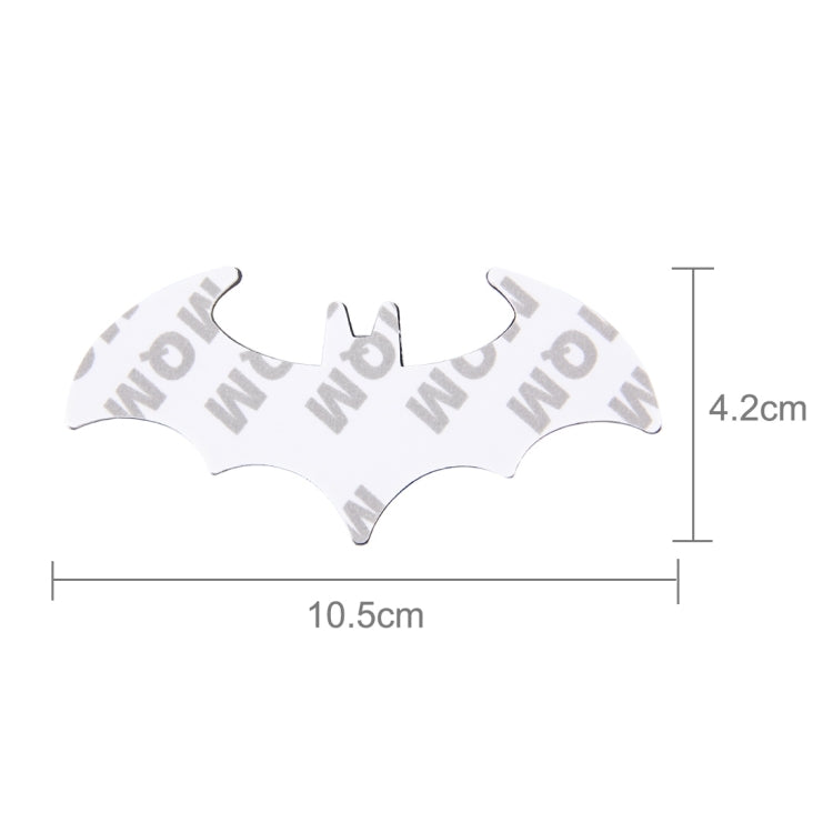 Shiny silver metal bat car sticker with size measurements, bat flying
