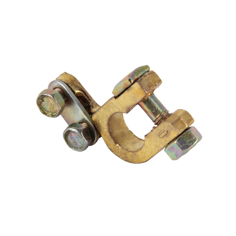 Brass battery terminal clamp with U-shaped grip and silver bolts
