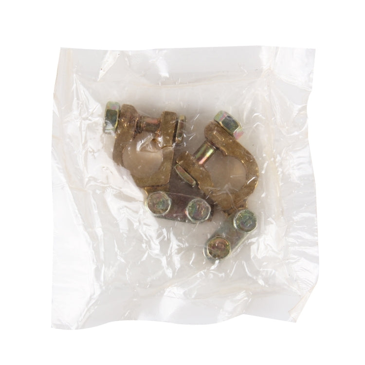 Brass battery terminal clamps in plastic bag, two-piece set with silver bolts