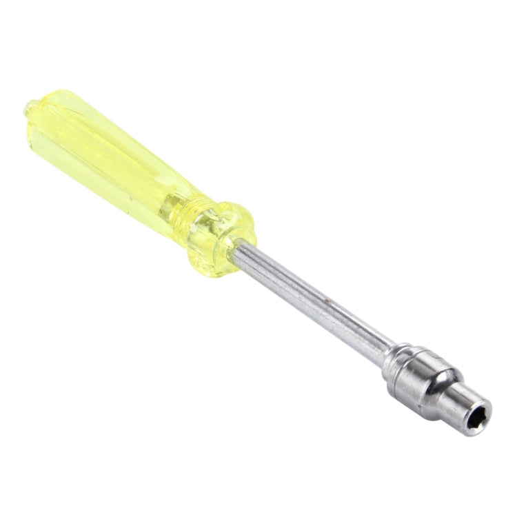 Clear yellow-handled screwdriver tool with chrome shaft and bit socket tip