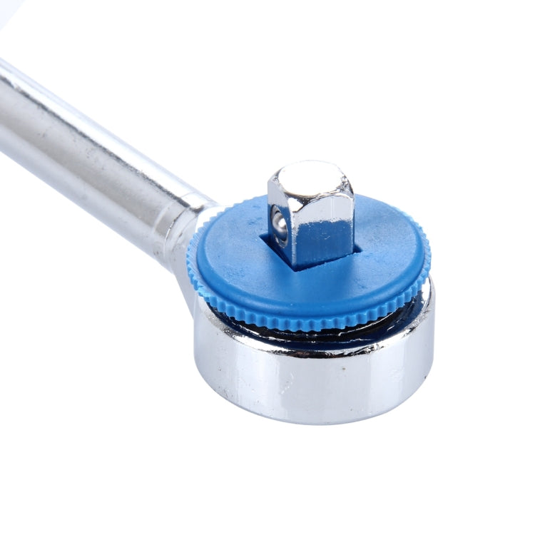 Chrome ratchet wrench with blue thumb lever and socket drive head