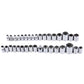 Assorted chrome sockets arranged in two rows with wrench drive openings