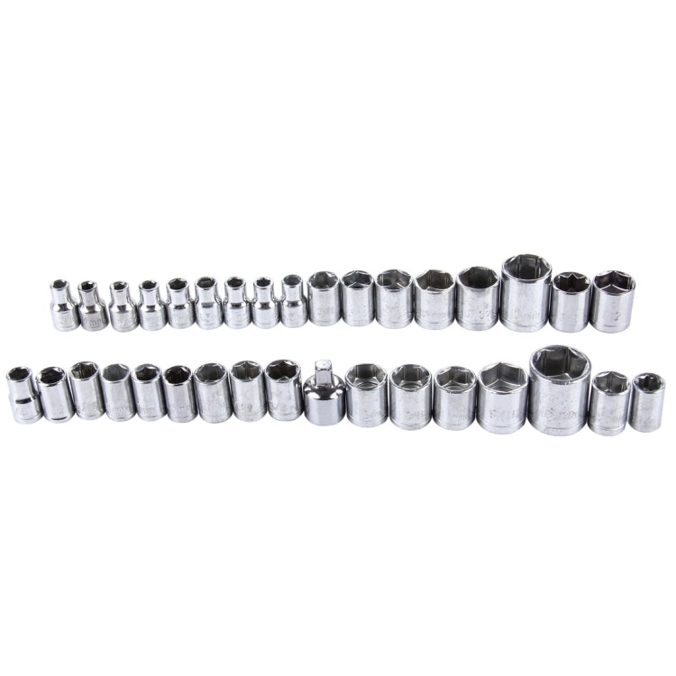 Assorted chrome sockets arranged in two rows with wrench drive openings