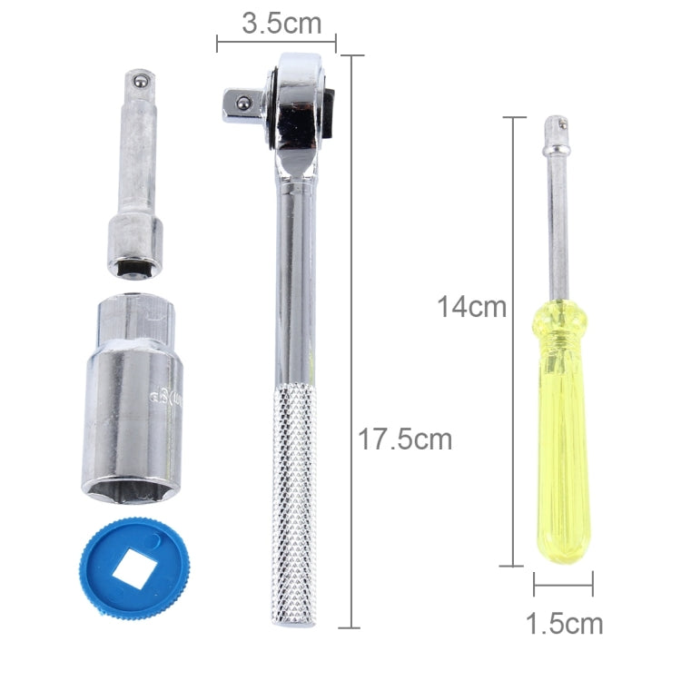 Socket wrench set components: chrome extension, yellow screwdriver, and blue adapter