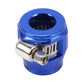 Blue AN8 aluminum hose adapter, view of clamp hardware and vent slots