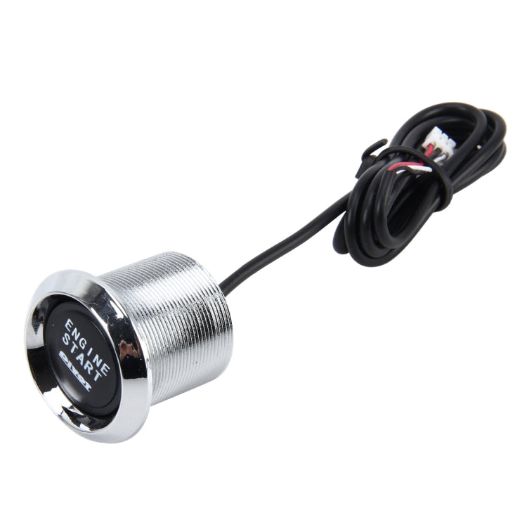 Silver engine start push-button with black face and wiring pigtail