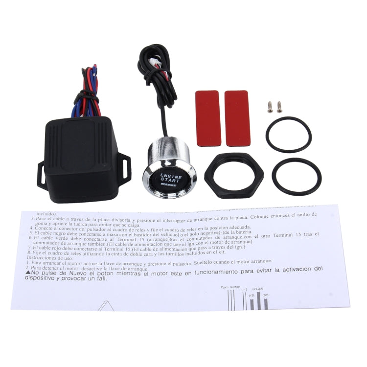 Illuminated engine start switch kit with black module, button, rings, and cables