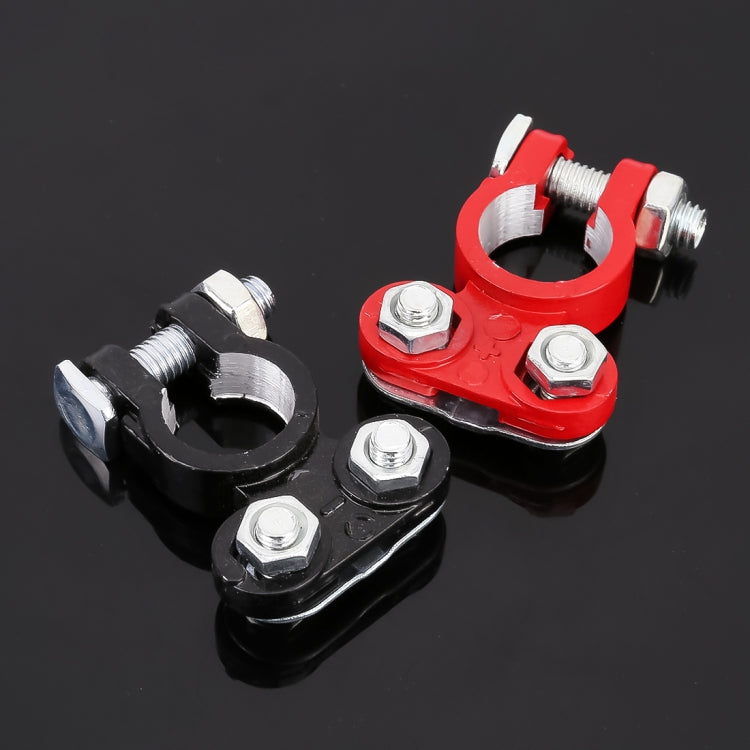 Two-piece car battery connector clamps, red and black U-shaped terminals with bolts