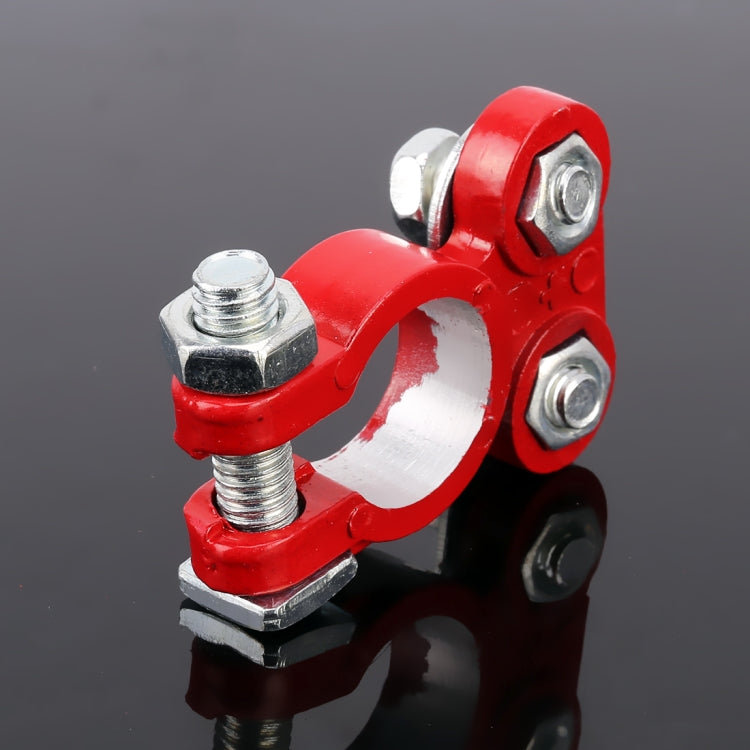 Red car battery terminal clamp with two mounting bolts, U-shaped metal, 16mm hole
