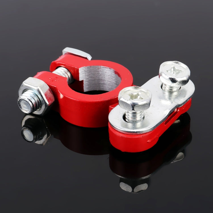 Car battery connector clamps pair, red U-terminal and black counterpart, silver hardware