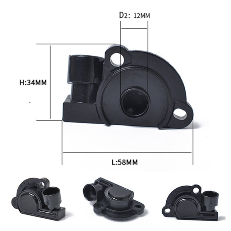 Throttle body position sensor dimensions: 58mm L, 34mm H, 12mm D2; black housing