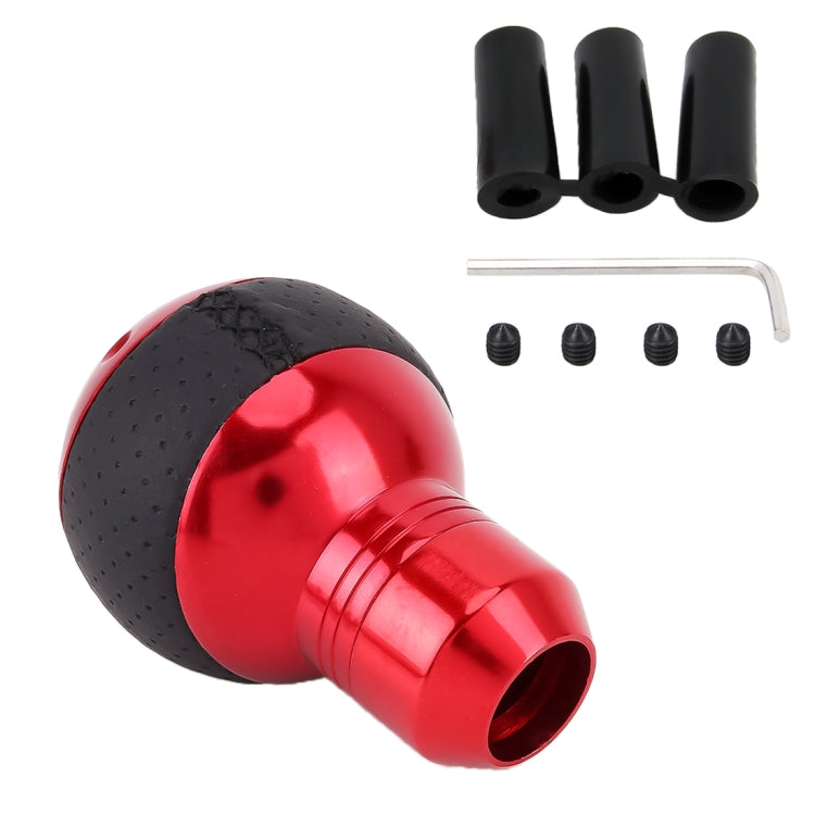 Red gear shift knob with black textured grip; included install pieces and tools