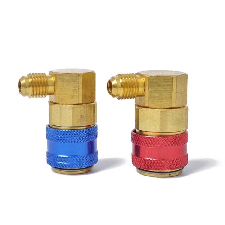 90-degree brass quick joint fittings with blue and red sleeves, threaded ends