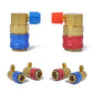 90-degree brass quick joint fittings with blue and red caps and threaded ends