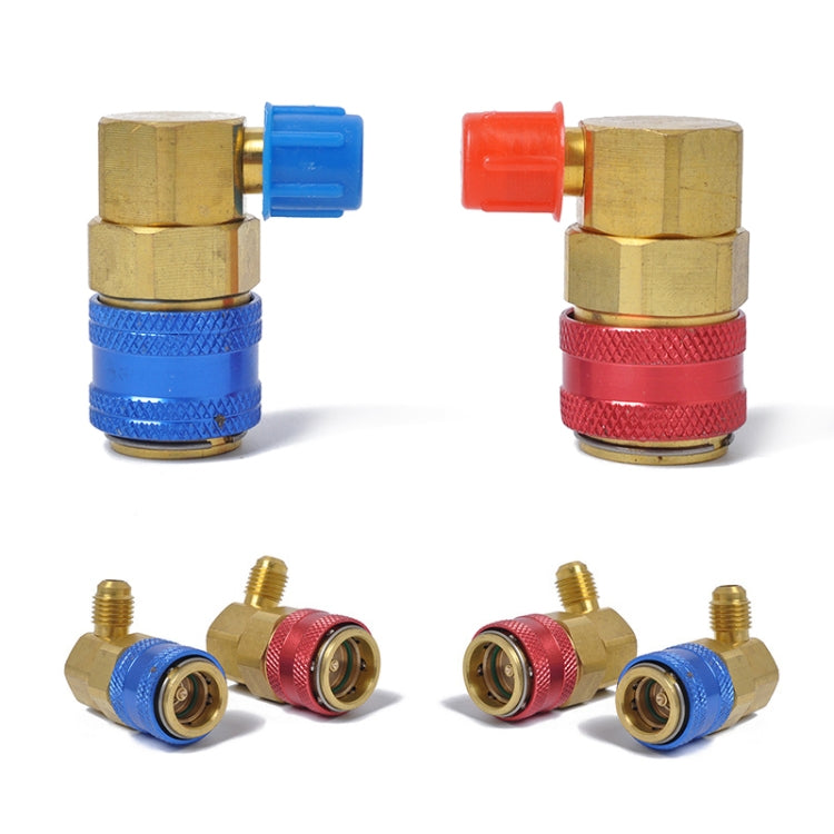 90-degree brass quick joint fittings with blue and red caps and threaded ends