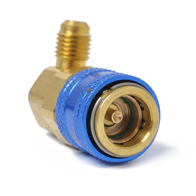 90-degree brass quick joint fitting with blue sleeve and visible inner seal