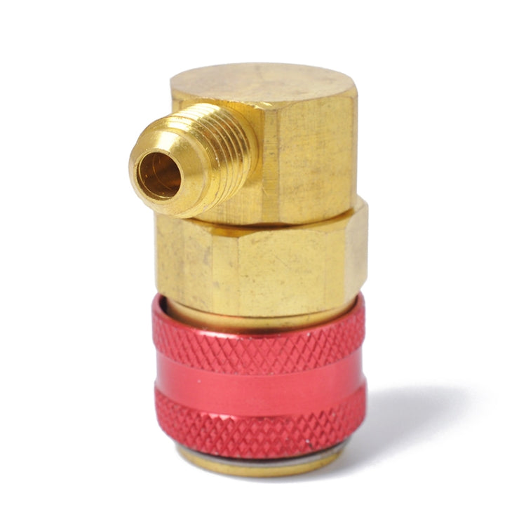 90-degree brass quick joint fitting with red sleeve and threaded inlet