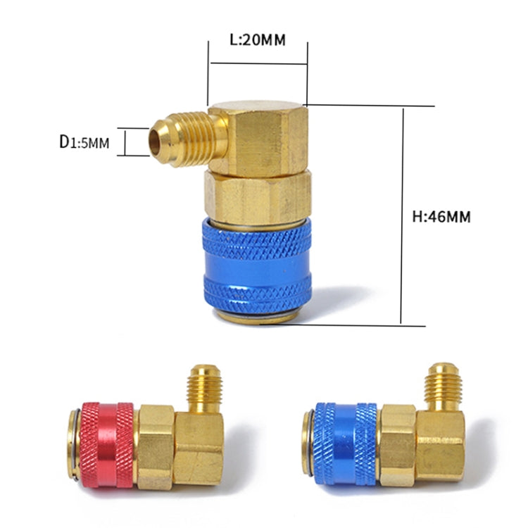 90-degree brass quick joint dimensions, blue or red sleeve, threaded ends
