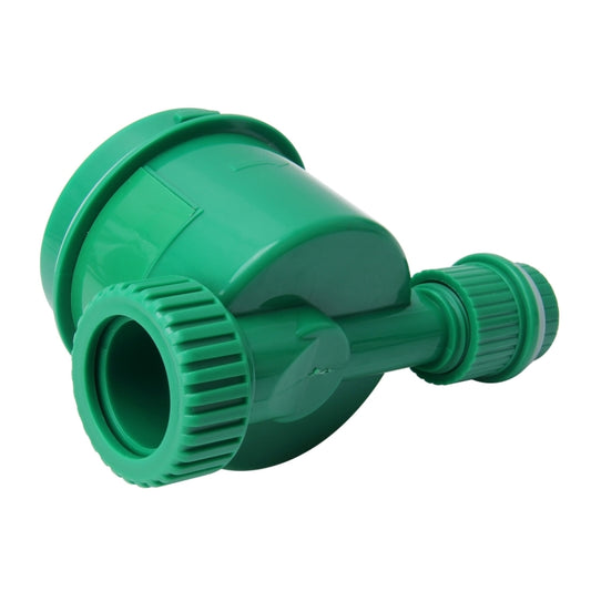 Green hose-end watering timer with ribbed inlet and angled body