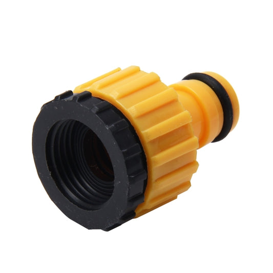 Universal faucet hose quick connector with black threaded inlet and yellow body