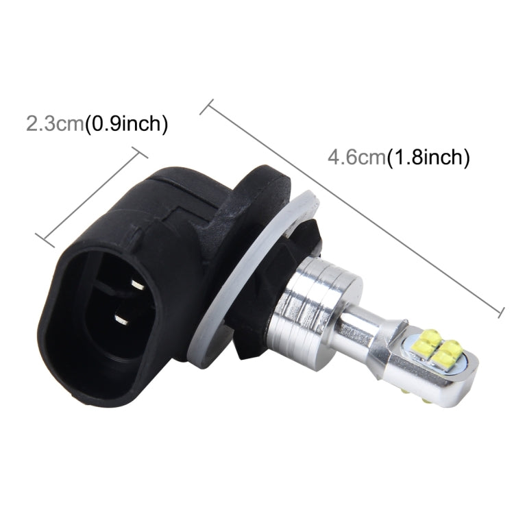 Car fog light LED bulb with dimensions, black housing and silver connector with yellow LED