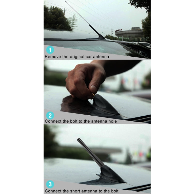 Car antenna installation steps showing attachment of bolt and short antenna