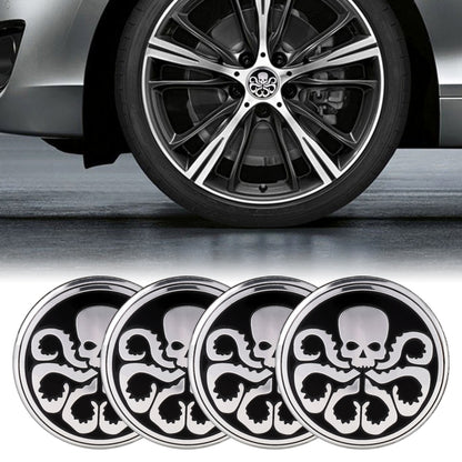 Set of 4 round wheel hub stickers with black-and-white skull pattern