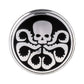 Round wheel hub sticker with black background and white skull graphic