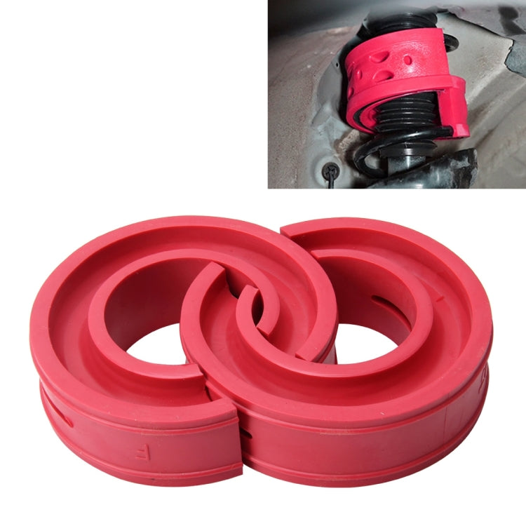Red D-type shock absorber spring bumper buffer inserted on car suspension