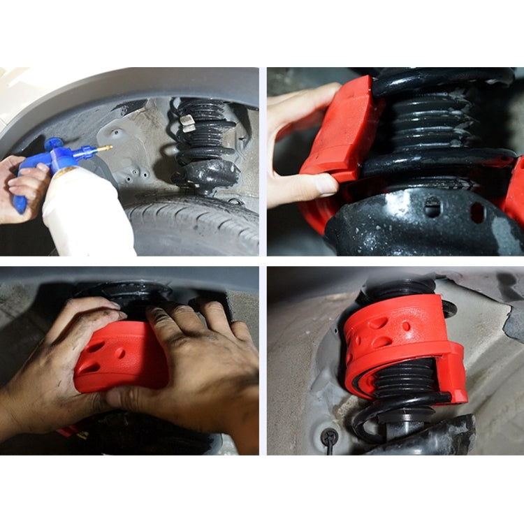 Red D-type shock absorber spring bumper buffer installed on car coil spring