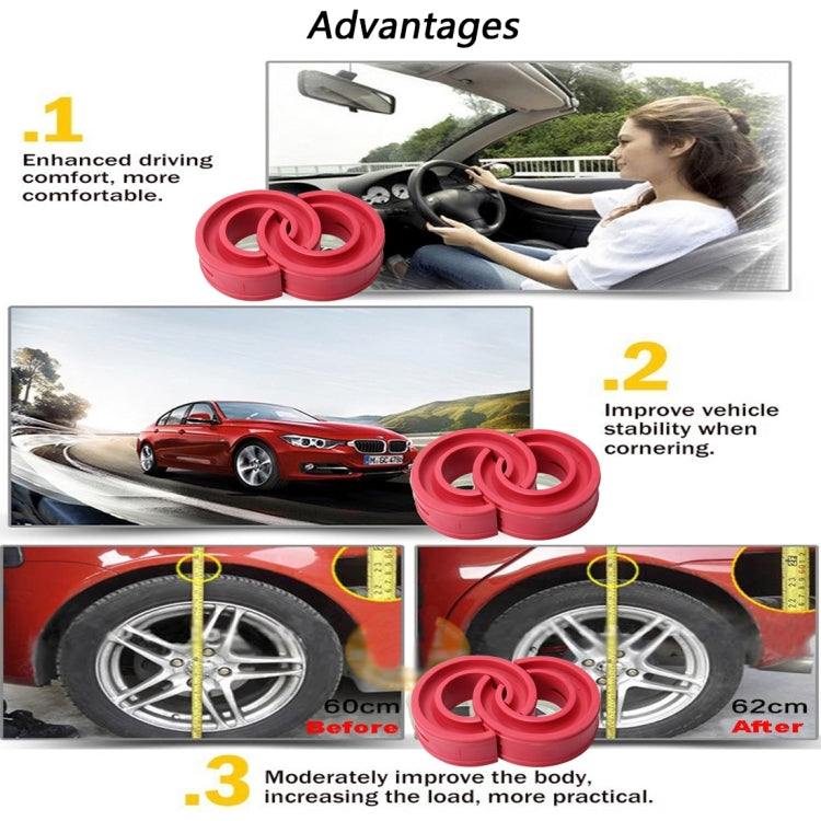 Red shock absorber spring bumper pair shown on vehicle infographic