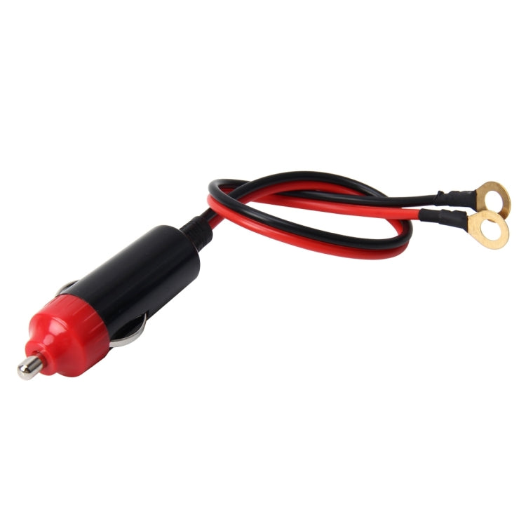 12V car cigarette lighter plug with black body, red tip, and wire ring terminals