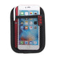 Black car seat storage bag holding a smartphone behind mesh pocket