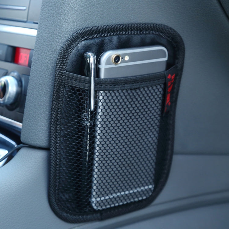 Black car seat organizer bag with mesh window and pen holder
