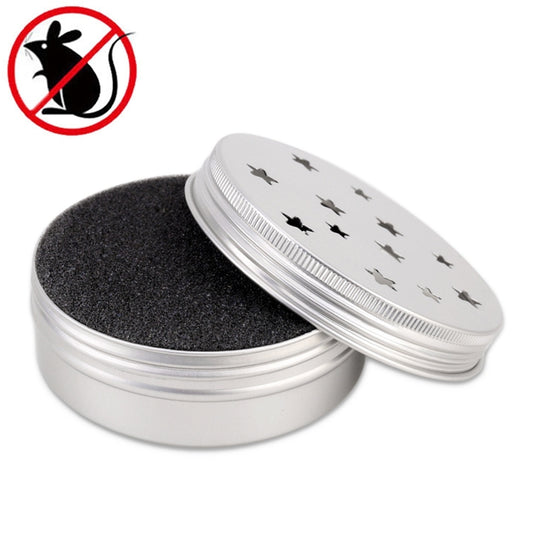 Round mouse repellent container with black foam core and white bird-pattern lid