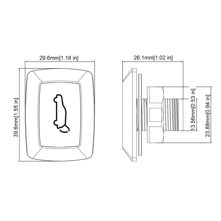 Trunk release switch dimensions diagram with front and side measurement lines