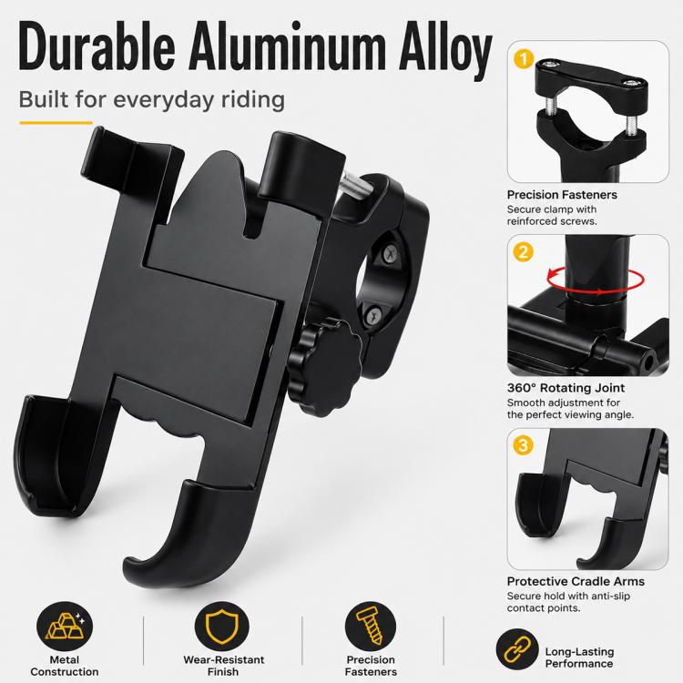 Black handlebar phone bracket with adjustable cradle and clamp mount for 60–100 mm devices