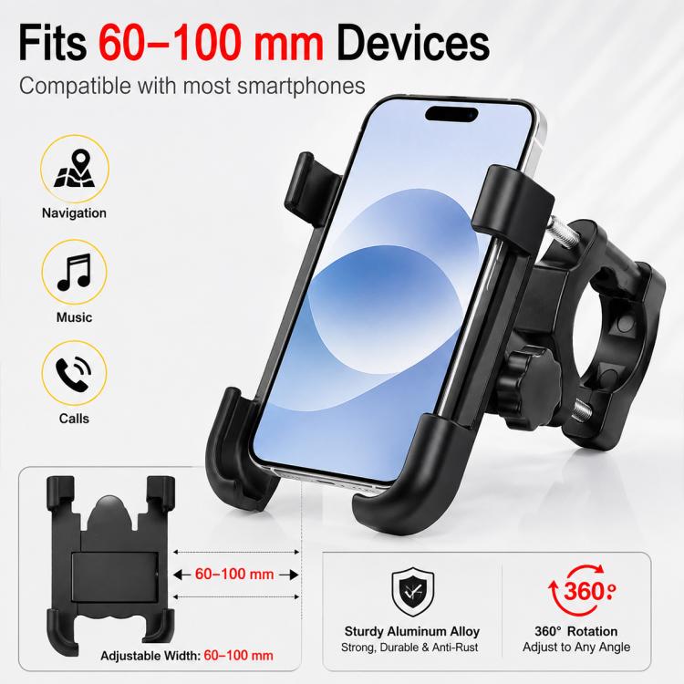 Black phone bracket cradle with adjustable width for 60–100 mm smartphones, clamp mount