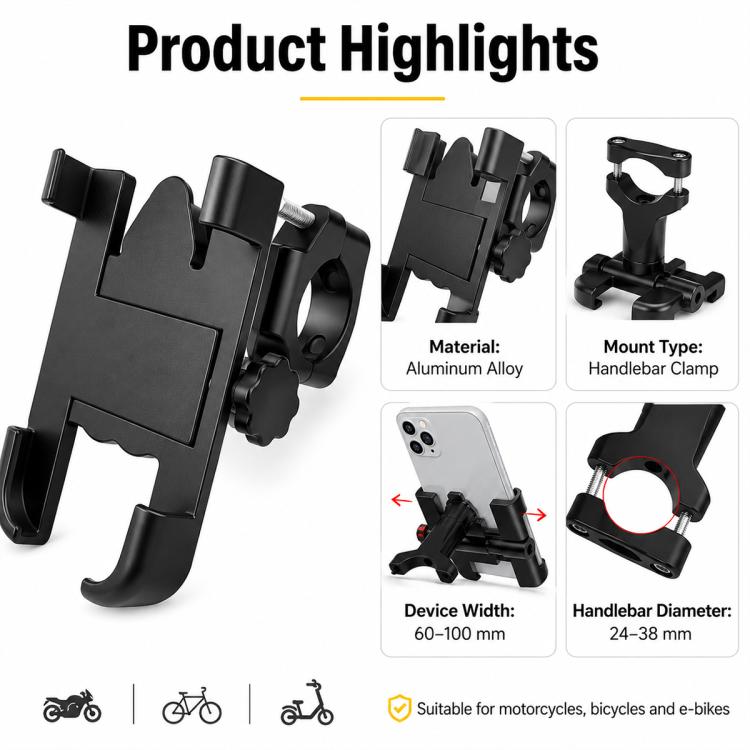 Black aluminum alloy phone bracket with handlebar clamp and cradle, fits 60–100 mm
