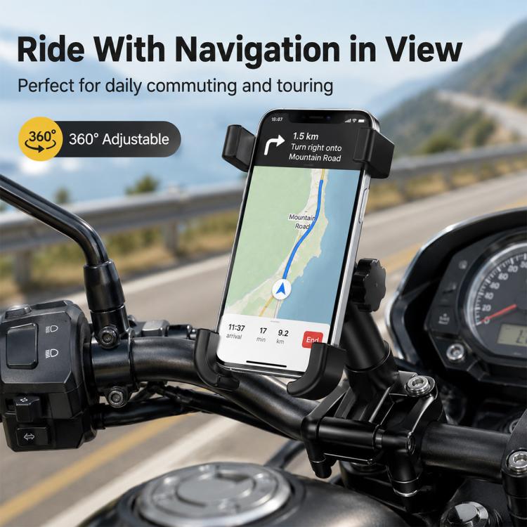 Black motorcycle phone bracket holding a smartphone on the handlebar, adjustable viewing