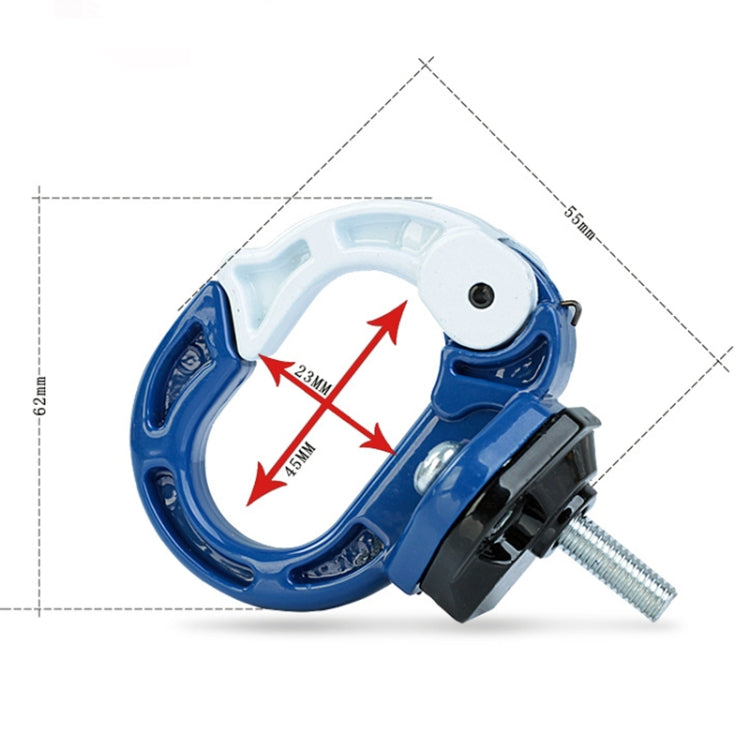 Blue aluminum bag hook with white inner arch and size-measurement diagram