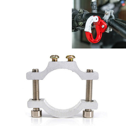 Red hook clip with metal bracket and mounting bolts for handlebar attachment