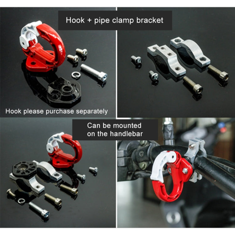 Red hook clip with silver mounting bracket, screws, and washers