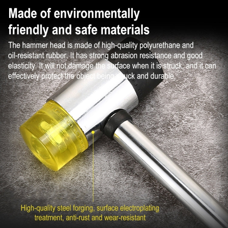 Steel mini hammer with yellow head and black grip on chrome shaft